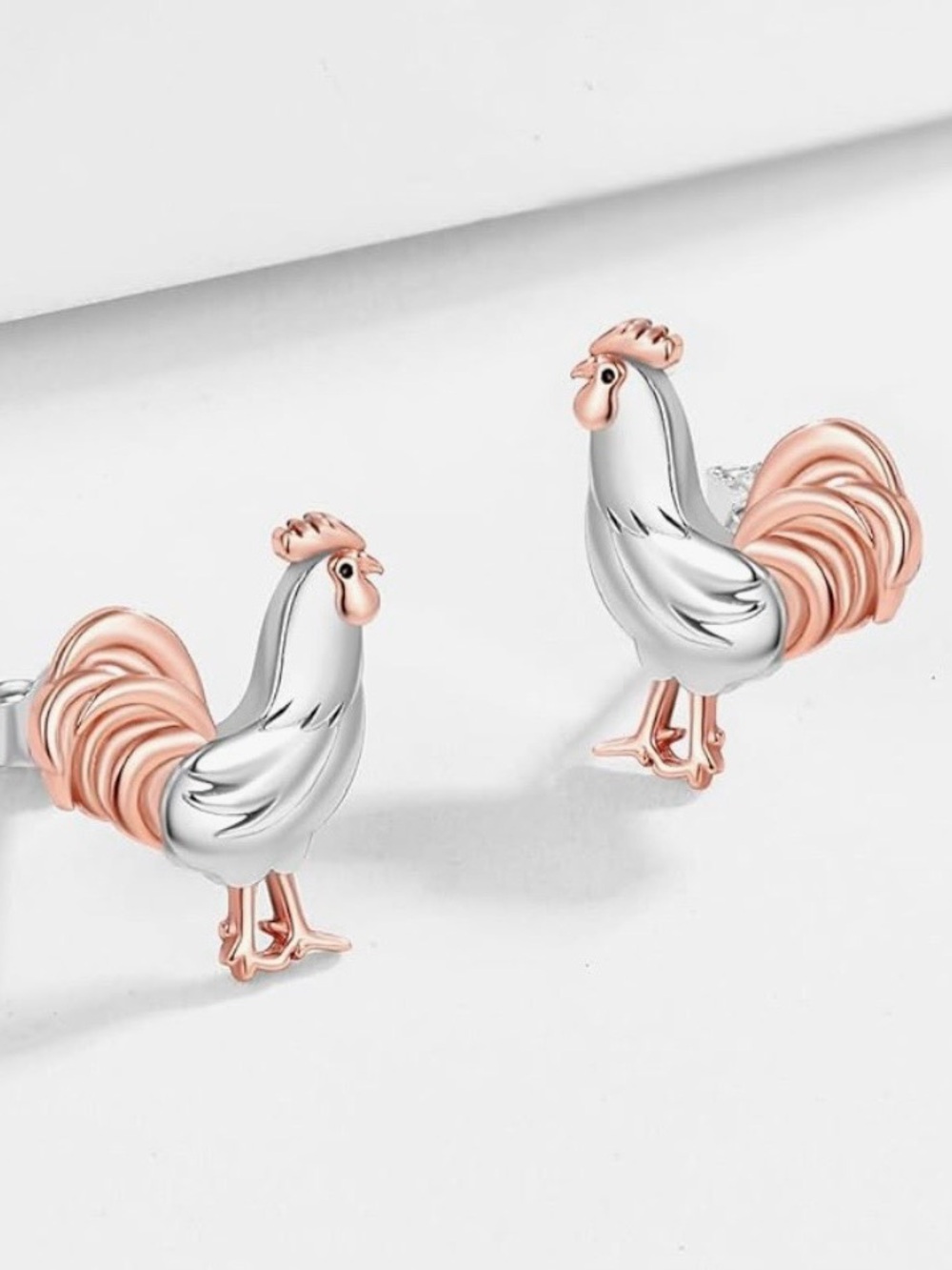 Rooster Stud Earrings in Silver and Rose Gold-Tone